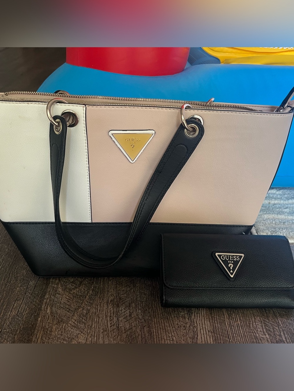 GUESS Colorblock Black, Cream & White Tote with Matching Black Wallet